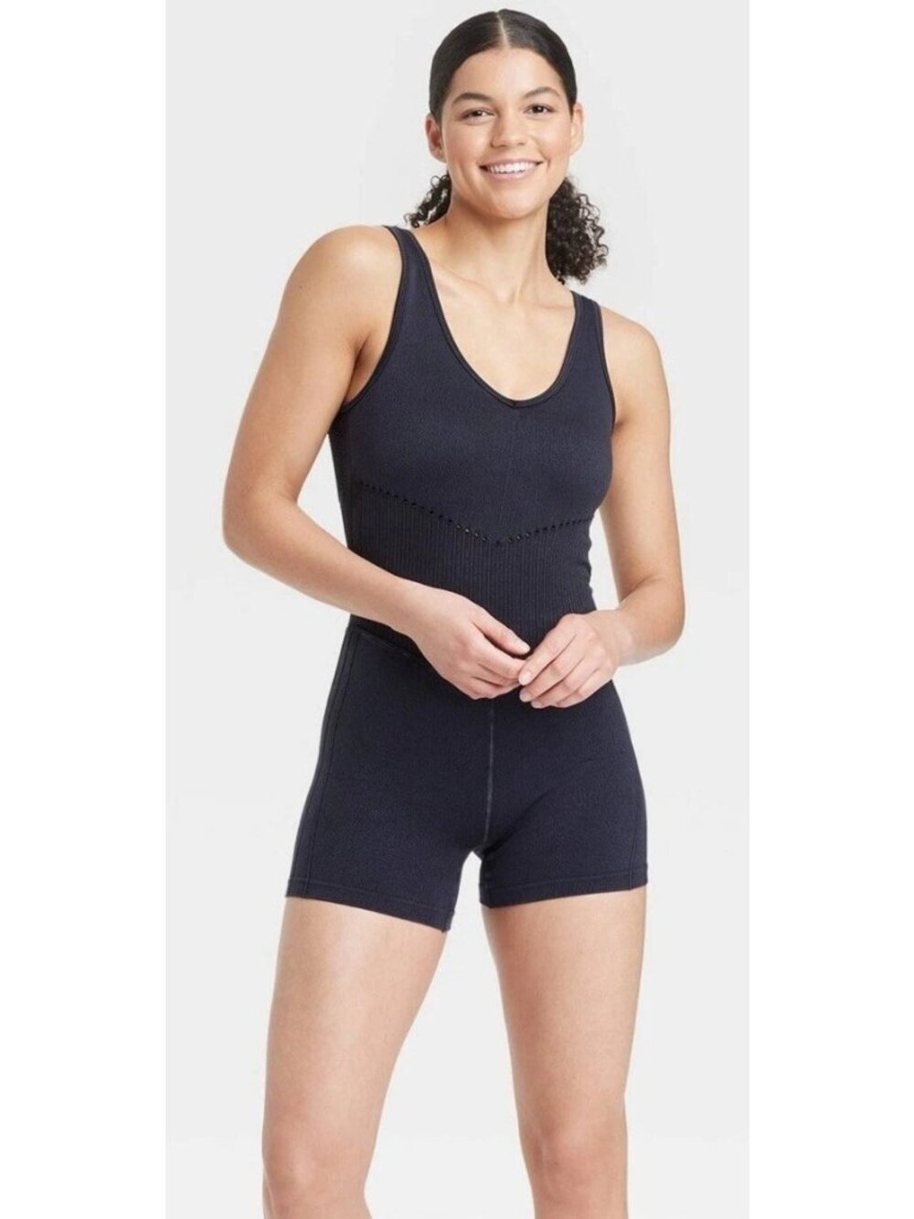 JoyLab Seamless Short Bodysuit Medium Sleeveless V-Neck Mesh Back Black Active